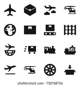 16 vector icon set : plane, box, journey, train, baggage checking, departure, wheel, package