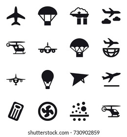 16 vector icon set : plane, parachute, factory filter, journey, air ballon, deltaplane, departure, inflatable mattress, cooler fan