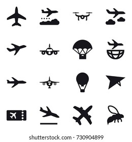 16 vector icon set : plane, weather management, drone, journey, air ballon, deltaplane, ticket, arrival, wasp
