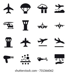 16 vector icon set : plane, parachute, factory filter, weather management, airport tower, airplane, departure, arrival, hair dryer, blower, hand dryer