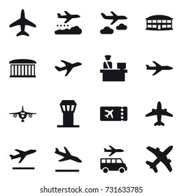 16 vector icon set : plane, weather management, journey, airport building, airport tower, ticket, airplane, departure, arrival, transfer