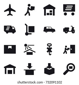 16 vector icon set : plane, courier, warehouse, delivery, cargo stoller