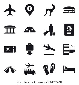 16 vector icon set : plane, dollar pin, greate wall, airport building, dome house, passenger, passport, ticket, baggage get, arrival, hotel, tent, transfer, flip-flops, bed