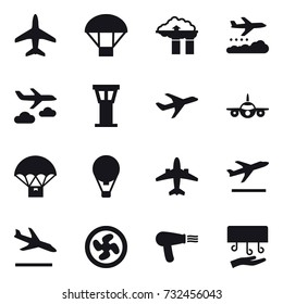 16 vector icon set : plane, parachute, factory filter, weather management, journey, airport tower, air ballon, airplane, departure, arrival, cooler fan, hair dryer, hand dryer