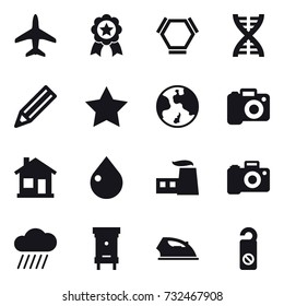 16 vector icon set : plane, medal, hex molecule, dna, pencil, star, earth, camera, home, drop, rain cloud, hive, iron, do not distrub