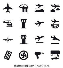 16 vector icon set : plane, factory filter, weather management, journey, airport tower, departure, arrival, inflatable mattress, cooler fan, hair dryer, hand dryer