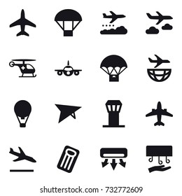 16 vector icon set : plane, parachute, weather management, journey, air ballon, deltaplane, airport tower, airplane, arrival, inflatable mattress, air conditioning, hand dryer