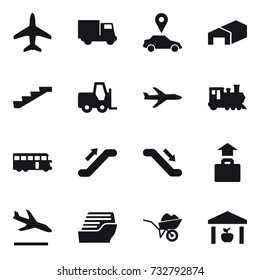 16 vector icon set : plane, truck, car pointer, warehouse, stairs, train, bus, escalator, baggage, arrival, cruise ship, wheelbarrow