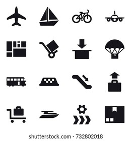 16 vector icon set : plane, boat, bike, bus, taxi, escalator, baggage, baggage trolley, yacht, package