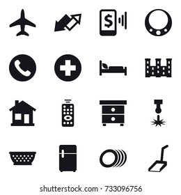 16 vector icon set : plane, up down arrow, mobile pay, necklace, phone, palace, home, remote control, nightstand, kolander, scoop