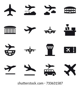 16 vector icon set : plane, weather management, journey, airport building, airport tower, ticket, departure, arrival, transfer