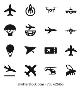 16 vector icon set : plane, rocket, drone, air ballon, deltaplane, ticket, airplane, arrival, wasp