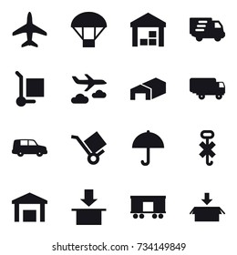 16 vector icon set : plane, parachute, warehouse, delivery, cargo stoller, journey, package