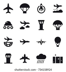 16 vector icon set : plane, parachute, rocket, weather management, lunar rover, journey, airport tower, air ballon, airplane, rain cloud, clean  window