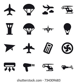 16 vector icon set : plane, parachute, journey, airport tower, air ballon, deltaplane, airplane, inflatable mattress, cooler fan, air conditioning, hair dryer, blower