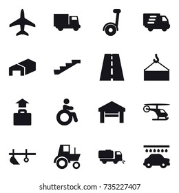 16 vector icon set : plane, truck, segway, delivery, warehouse, stairs, baggage, invalid, garage, plow, tractor, sweeper, car wash