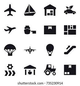 16 vector icon set : plane, boat, warehouse, eco car, air ballon, escalator, tractor, package