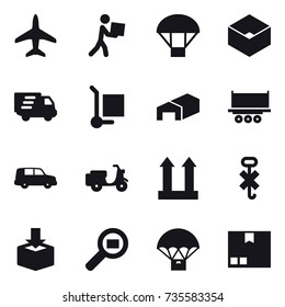 16 vector icon set : plane, courier, parachute, box, delivery, cargo stoller, warehouse, package