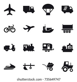 16 vector icon set : plane, truck, parachute, delivery, bike, train, trailer, baggage checking, jet ski, plow, wheelbarrow, tractor