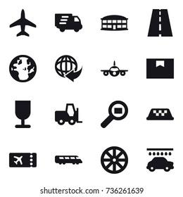 16 vector icon set : plane, delivery, airport building, taxi, ticket, wheel, car wash
