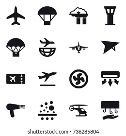 16 vector icon set : plane, parachute, factory filter, airport tower, deltaplane, ticket, departure, cooler fan, air conditioning, hair dryer, hand dryer