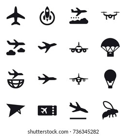 16 vector icon set : plane, rocket, weather management, drone, journey, air ballon, deltaplane, ticket, arrival, wasp