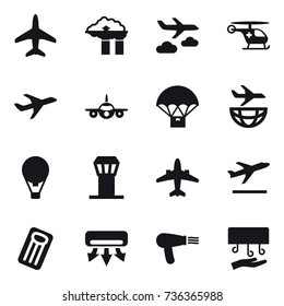 16 vector icon set : plane, factory filter, journey, air ballon, airport tower, airplane, departure, inflatable mattress, air conditioning, hair dryer, hand dryer