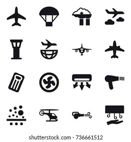 16 vector icon set : plane, parachute, factory filter, journey, airport tower, airplane, inflatable mattress, cooler fan, air conditioning, hair dryer, blower, hand dryer