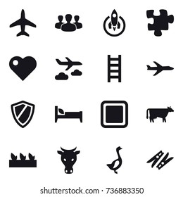 16 vector icon set : plane, group, rocket, puzzle, heart, journey, stairs, shield, bed, cutting board, cow, seedling, goose, clothespin