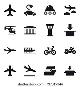 16 vector icon set : plane, electric car, lunar rover, journey, airport building, airport tower, train, bike, motorcycle, airplane, arrival, cruise ship, package