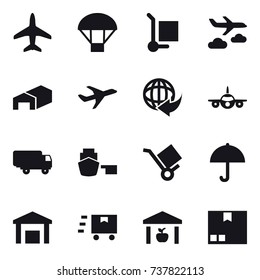 16 vector icon set : plane, parachute, cargo stoller, journey, warehouse, package