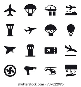 16 vector icon set : plane, parachute, factory filter, weather management, airport tower, air ballon, deltaplane, ticket, arrival, cooler fan, hair dryer, hand dryer