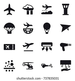 16 vector icon set : plane, factory filter, weather management, airport tower, air ballon, deltaplane, ticket, departure, air conditioning, hair dryer, blower, hand dryer