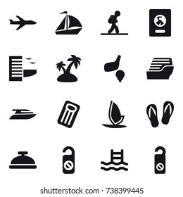 16 vector icon set : plane, sail boat, tourist, passport, hotel, island, golf, cruise ship, yacht, inflatable mattress, windsurfing, flip-flops, service bell, do not distrub, pool