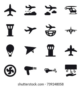 16 vector icon set : plane, weather management, journey, airport tower, air ballon, deltaplane, airplane, cooler fan, hair dryer, blower, hand dryer