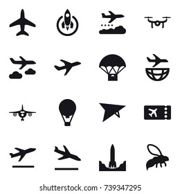 16 vector icon set : plane, rocket, weather management, drone, journey, air ballon, deltaplane, ticket, departure, arrival, wasp