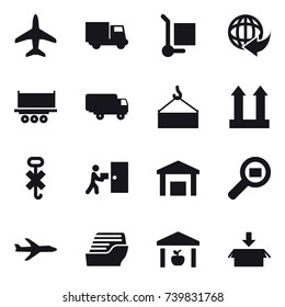 16 vector icon set : plane, truck, cargo stoller, cruise ship, warehouse, package