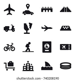 16 vector icon set : plane, car pointer, bridge, pyramid, taxi, bike, tourist, passport, ticket, baggage trolley, hotel, shark flipper, inflatable pool