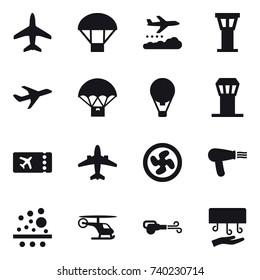 16 vector icon set : plane, parachute, weather management, airport tower, air ballon, ticket, airplane, cooler fan, hair dryer, blower, hand dryer