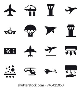 16 vector icon set : plane, factory filter, airport tower, deltaplane, ticket, airplane, departure, air conditioning, blower, hand dryer