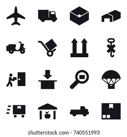 16 vector icon set : plane, truck, box, warehouse, pickup, package