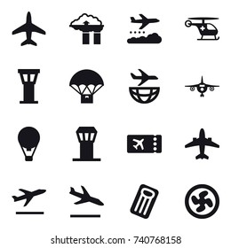 16 vector icon set : plane, factory filter, weather management, airport tower, air ballon, ticket, airplane, departure, arrival, inflatable mattress, cooler fan