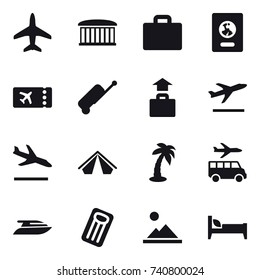 16 vector icon set : plane, airport building, suitcase iocn, passport, ticket, suitcase, baggage, departure, arrival, tent, palm, transfer, yacht, inflatable mattress, landscape, bed