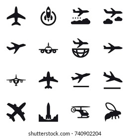 16 vector icon set : plane, rocket, weather management, journey, airplane, departure, arrival, wasp