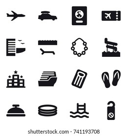 16 vector icon set : plane, car baggage, passport, ticket, hotel, lounger, hawaiian wreath, aquapark, cruise ship, inflatable mattress, flip-flops, service bell, inflatable pool, pool