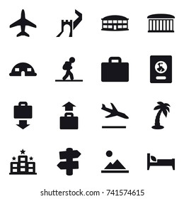 16 vector icon set : plane, greate wall, airport building, dome house, tourist, suitcase iocn, passport, baggage get, baggage, arrival, palm, hotel, signpost, landscape, bed