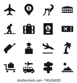16 vector icon set : plane, dollar pin, greate wall, airport building, tourist, suitcase, passport, ticket, baggage, arrival, palm, baggage trolley, transfer, signpost, landscape