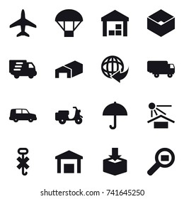 16 vector icon set : plane, parachute, warehouse, box, delivery