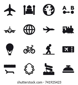 16 vector icon set : plane, minaret, globe, train, air ballon, bike, tourist, ticket, lounger, hawaiian wreath, aquapark, service bell