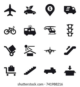 16 vector icon set : plane, eco car, dollar pin, delivery, bike, escalator, baggage trolley, stairs, pickup, package
